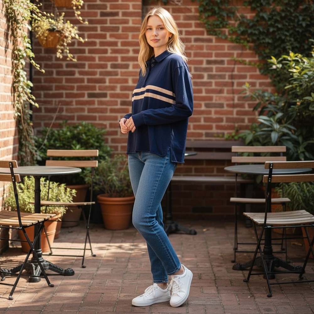 Vtg Brandy Melville Polo Shirt Womens S Navy Long Sleeve Raw Hem Italy Y2K Basic